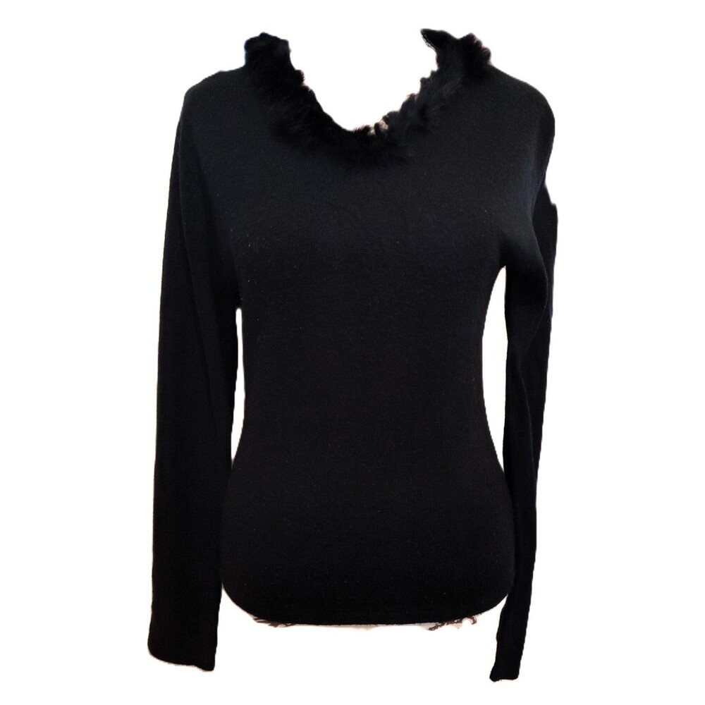 Y2K Vintage MKM Designs Black Sweater Crafted with real rabbit fur Collar Size S